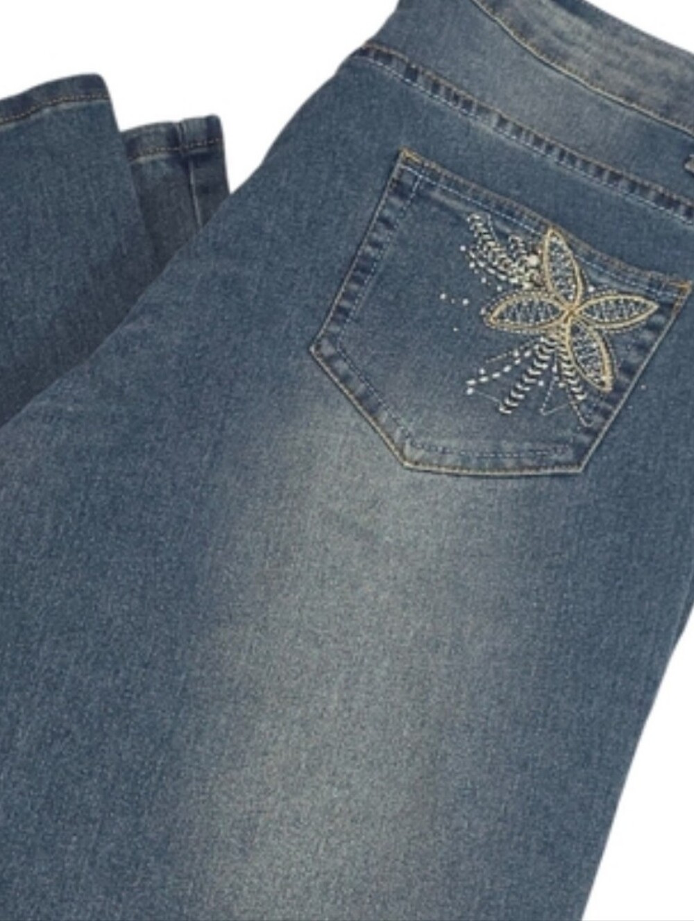 Embellished Distressed Faded Blue Straight Leg Denim Jeans Size 14W